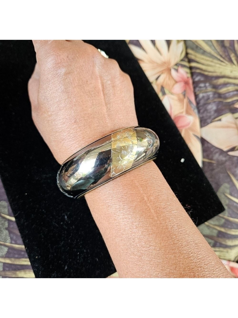 Vintage Brass with Floral Etched Copper Bangle Bracelet